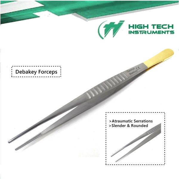 NEW German Stainless Debakey Artery Atraumatic Tissue Forceps 7" W/ Gold Handle