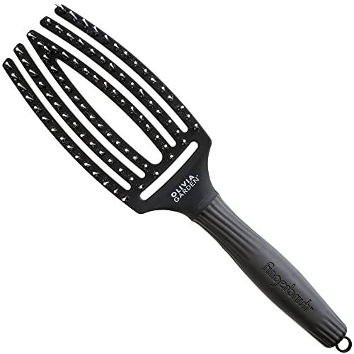 Fingerbrush Combo Medium - Styling Hair Brush for Dry & Detangled Medium Hair - Curved Head Scalp Massage - Boar & Nylon Bristles for Natural Shine - Fine, Medium & Thick Hair - Black
