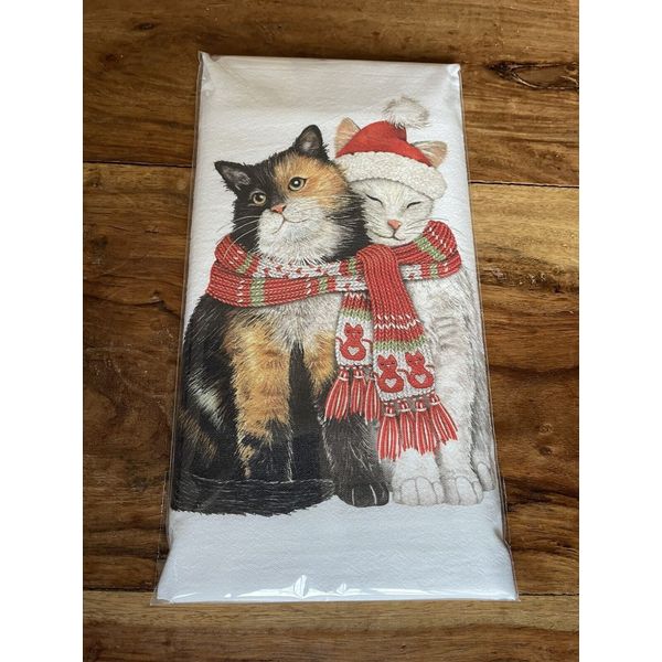 Mary Lake Thompson Holiday Flour Sack Towel Grey & Calico Cats Cuddling