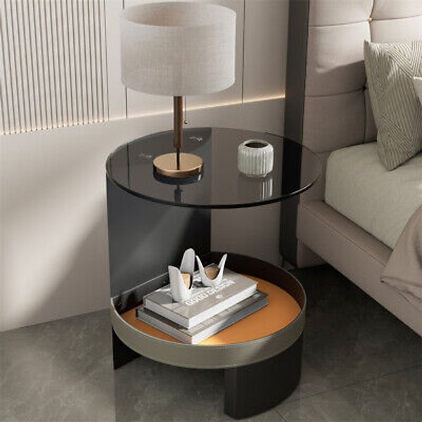 Upscale Saddle Leather Sofa Side Table Glass Tabletop Bedside Table with Basket