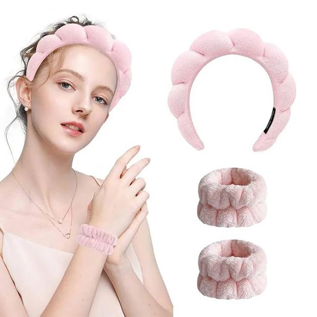 INGJIA 3 Stück Spa Gesicht Stirnband Handgelenk Waschbänder Set Weiches Makeup Haarband Elastisch Handgelenk Schweißband Flauschiges Kosmetik Stirnband für Damen Mädchen (Rosa)