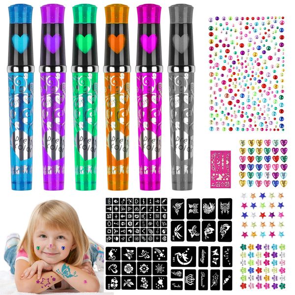 Temporary Tattoo Pen - Vaktop Tattoo Pens for Kids, 6 Tattoo Marker Pen with 4 Sheets Gem Stickers and 5 Stencils, Glitter Tattoo Gel Pens - for Kids and Adults Party Festival Dress Up