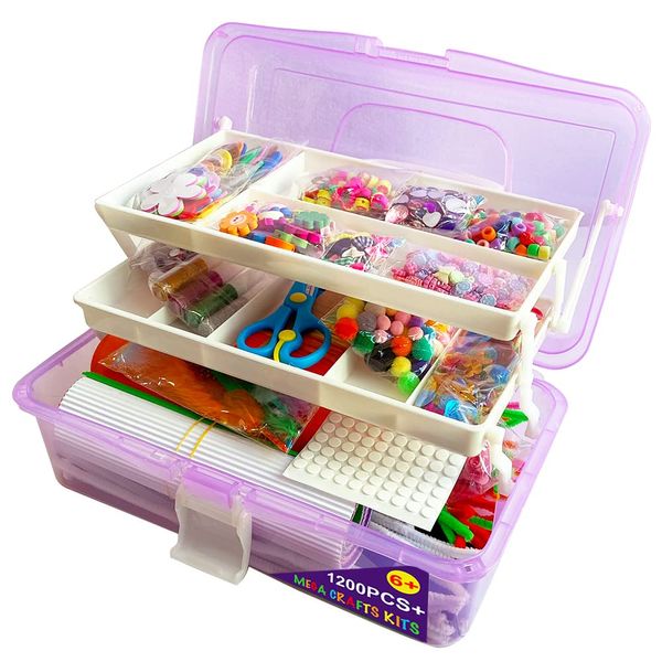 MOVEBO Mega Kids Crafts and Art Supplies case Kit - 1200+ Piece Set - Make Bracelets and Necklaces - Plus Glitter Glue, Construction Paper, Colored Popsicle Sticks, Google Eyes, Pipe Cleaners