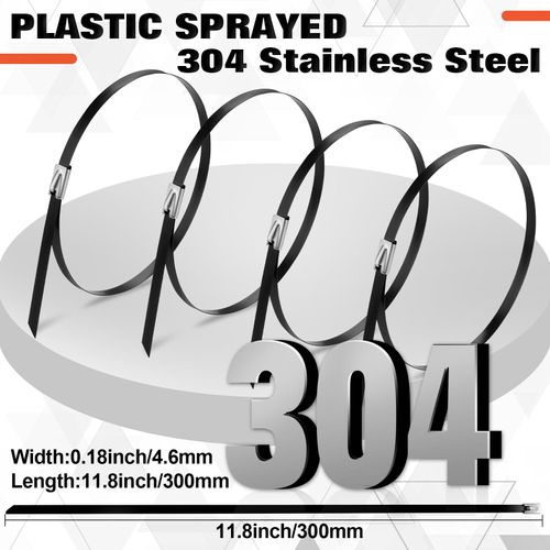 Black Metal Zip Ties Heavy Duty 11.8 inch for Outdoor Use, Stainless Steel Epoxy Coated Cable Chain Link Fence Zip Ties, Durable Metal Wire Ties Strap UV Resistant (200)