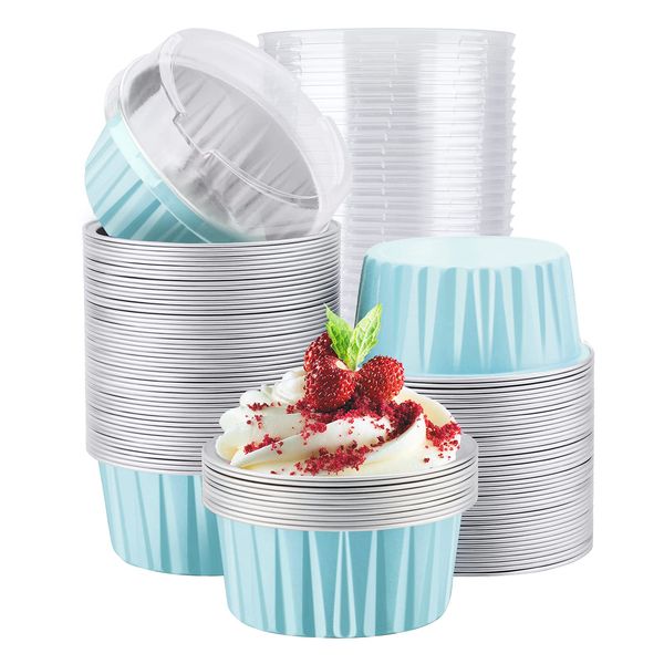 EUSOAR Cake Baking Cups, 100pcs 5oz 125ml Muffin Liners Cups with Lids, Disposable Foil Ramekins, Aluminum Cupcake liners, Aluminum Foil Cupcake Baking Cups, Aluminum Foil Pudding Cups Holders Pans