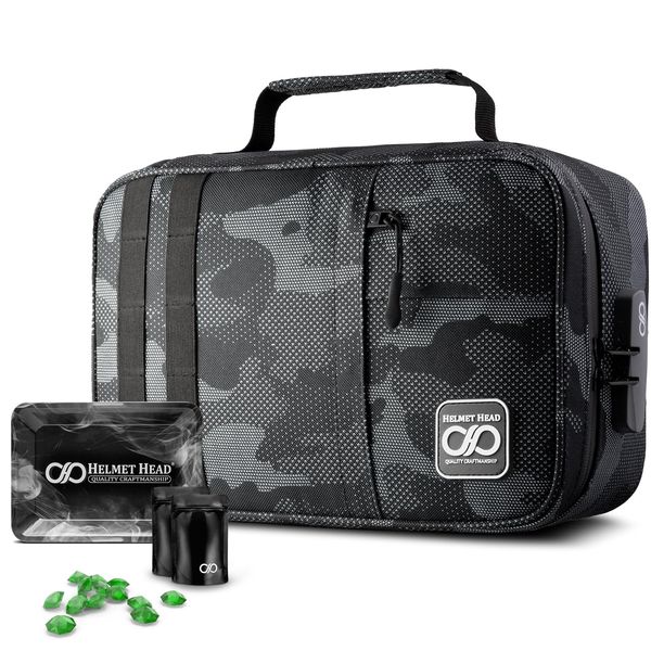 HELMET HEAD Smell Proof Bag and Smell Proof Stash Box with Combo Lock, Water Repellent XL Travel Bag for Your Mylar Bags and Smell Proof Containers. Includes 2 Baggies and Metal Tray (Jet Camo)