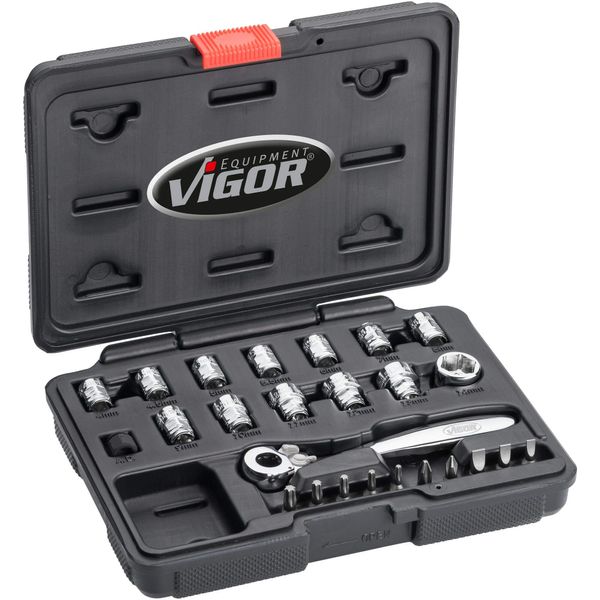 Vigor Set (6.3 mm (1/4 inch) square drive, super flat reversible ratchet, 20 mm flat, various socket wrenches and bits, 25 pieces, V5202, black