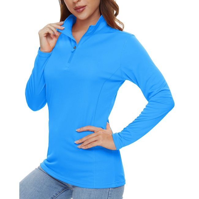 TACVASEN Sportshirt Damen Langarm Leicht Sommershirt UPF 50+ Atmungsaktiv Laufshirt Outdoor Rash Guard Surfen (M, Azurblau)