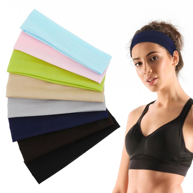 Sibba Sport Headbands for Women Men, 8Pcs Non Slip Elastic Sweat Hairbands Soft Fabric Hair Bands Hair Warp for Daily Workout Yoga Running Sports