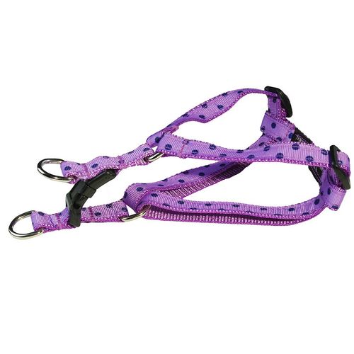 Xsmall Orchid/Navy Polka Dot Dog Harness: 1/2" wide, Adjusts 8-16" - Made in USA.