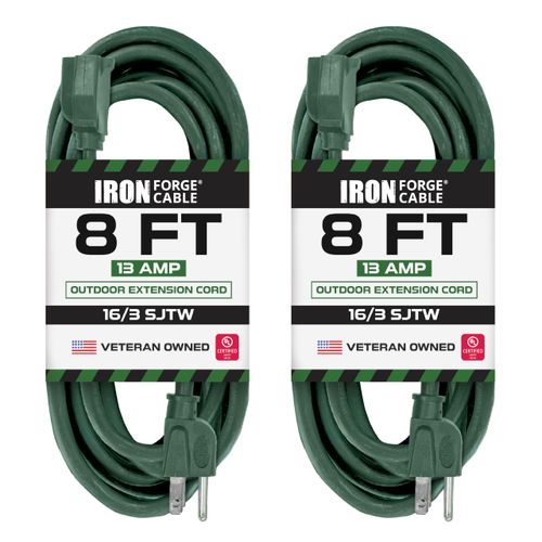 Iron Forge Cable 2 Pack Outdoor Extension Cord 8 ft, 16/3 SJTW Weatherproof Green Extension Cord 3 Prong, 13 AMP Heavy Duty Power Cable Great for Outside, Outdoor Lights, Lawn & Landscaping