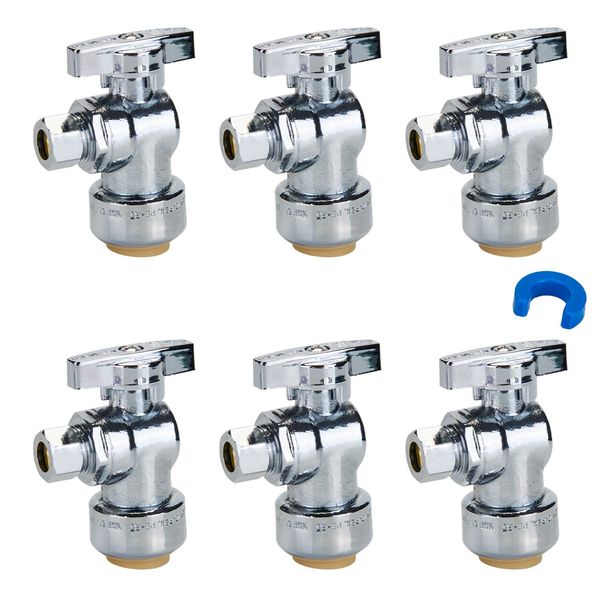 SUNGATOR 6-Pack Angle Stop Valve, Angle Water Shut Off Valve 1/2 x 1/4 Inch Compression, Toilet Water Valve, 1/4 Turn, No Lead Brass Push to Connect Plumbing Fitting, Pushfit, PEX Pipe, Copper, CPVC