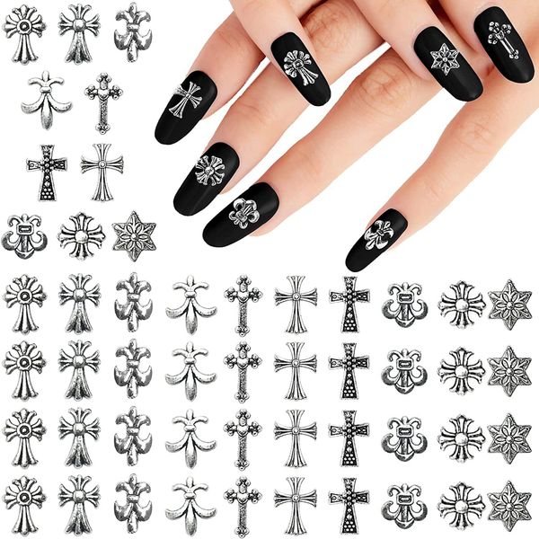 60 Stück Cross Nail Charms 3D Heart Star Mixed Style Sliver Nail Charms Metal Punk Vintage Nail Art Supplies für Acrylnagel Dekoration (1#)