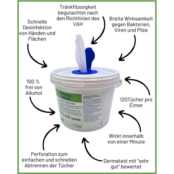 Curacid Medical Disinfectant Wipes in Dispenser Bucket, 120 Wipes, Alcohol-Free, Ready to Use Wipes, Ideal for Quick Surface Disinfection