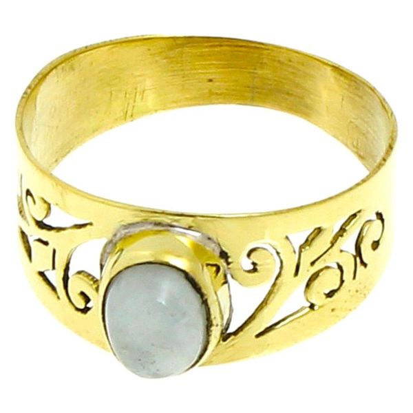 Chic-Net Messing Ringe Mondstein oval Spiralen Stanzmuster 9 mm weiß antik golden nickelfrei Tribal Brass 54 (17.2)