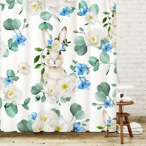 SHENGJUN 72x72 Easter Bunny Floral Shower Curtains, Spring Watercolor Floral Rabbits Holiday Bath Bathroom Curtains, Blue White Flowers Decors, Home Fabric Waterproof Shower Curtain Set with 12 Hooks