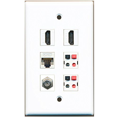 RiteAV - 2 HDMI 1 Port Coax Cable TV- F-Type 1 Port Cat5e Ethernet White 2 Port Speaker Wall Plate