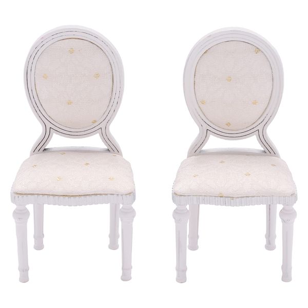 Wooden Dollhouse Dining Chairs, Set of 2, Accent Chairs for Doll Houses, Miniature Furniture, White Gold, Upholstered, for 3 inch to 6 inch Dolls