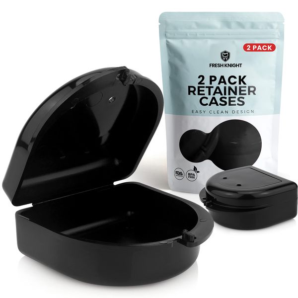 FRESH KNIGHT Retainer Case (2 Pack). Retainer Case with Vent Holes. Perfect Denture case, Mouth Guard Case, Aligner Case, Mouth Guard Case, Retainer Cases (Black)