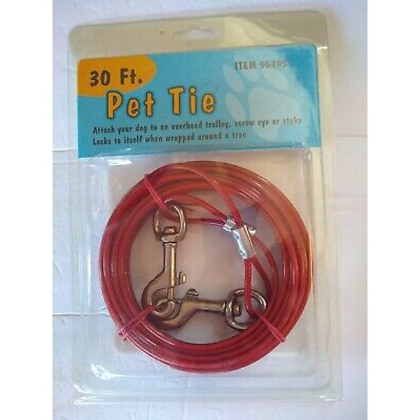 Pet Tie 30ft Steel Cable Red Vinyl Coated Steel Swivel Snap Hooks 150lb Rated