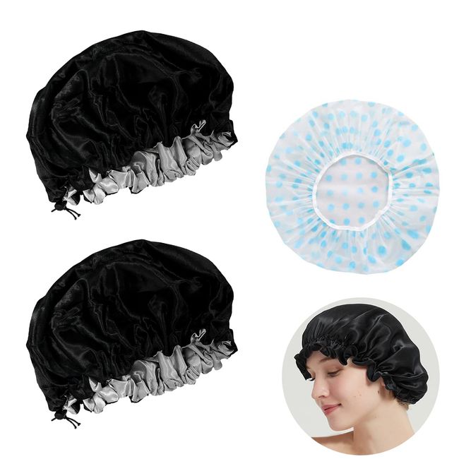 2 Adjustable Soft Silk Satin Nightcaps, Reduce Hair Loss, Double-sided Waterproof Shower Cap Chemotherapy Cap Confinement Cap, for Skin Care, Housework, Spa, with 1 Polka-dot Shower Cap.