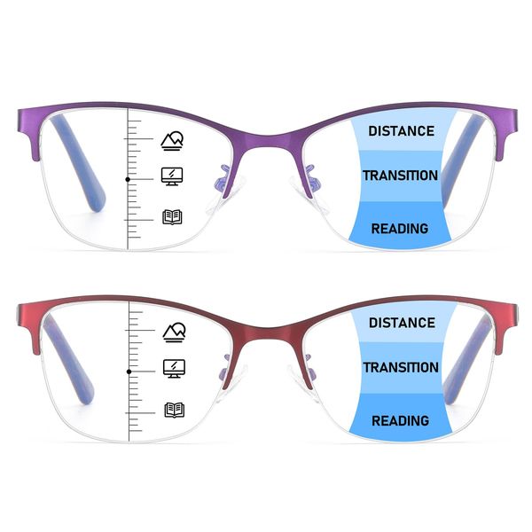 SOVCOD 2 Pack Progressive Multifocus Reading Glasses Women Blue Light Blocking Spring Hinge Readers Metal Computer Eyeglasses (Purple & Red, 1.75, x)