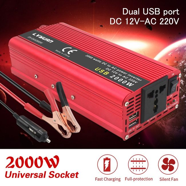 LVYUAN Power Inverter 1000W/2000W 4 AC Outlets and 4 USB Charging Ports DC to AC Inverter 12V to 110V Car Converter DC 12V Inverter with Digital LCD