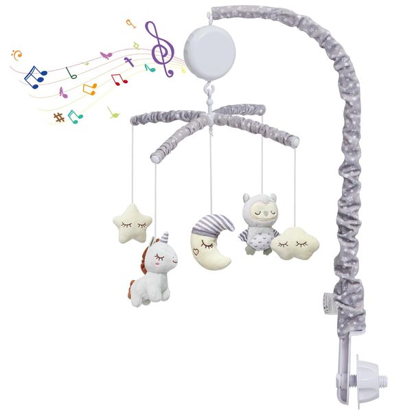 Baby Musical Crib Mobile Baby Crib Mobile for Boys Girls - Nursery Mobile with Rotating Music Box Nursery Decor Attachment Safe Anti Slip Set（Grey）