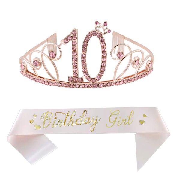 10th Birthday Pink Tiara and Pink Sash Happy 10th Birthday Party Supplies Birthday Girl Glitter Satin Sash and Crystal Tiara Princess Birthday Crown for Girls 10th Birthday Party Decorations Favors