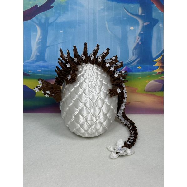 3D Printed Dragon with Dragon Egg, Articulated Brown and White Cherry Blossom Dragon, Fidget Toys for Autism/ADHD, Home Office Decor Executive Desk Toy D050