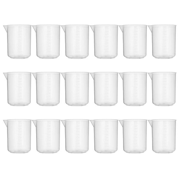 18 Pack Plastic Beakers, 1000 ml Graduations, Premium Polypropylene, Plastic Graduated Measuring Cups for Science Lab Equipment, Home Experiment, School Teaching Supplies Transparent