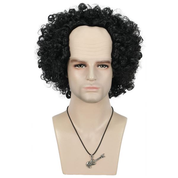 VGbeaty Mens Women Short Wave Black Rocker Afro Wig Fluffy Bald Head Wig California Halloween Cosplay Anime Costume Wig