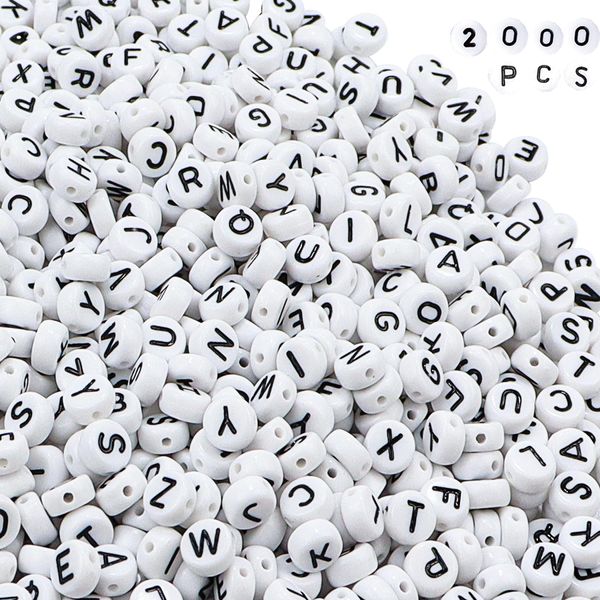 MiuCo 2000Pcs Letter Beads for Friendship Bracelet Making Kits, Alphabet Beads A-Z for Necklaces DIY Jewelry Making, Roud 4x7 mm White Acrylic Letter Beads kit with Box