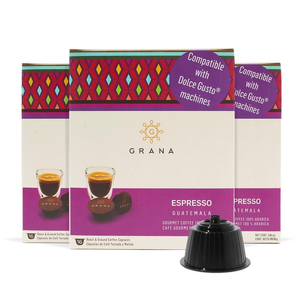 GRANA Espresso Coffee Capsules Compatible with Nescafe Dolce Gusto Machines, 48 Single Serve Coffee Pods(3 Boxes of 16 capsules each) - 100% Arabica Ethically Sourced Single Source Coffee