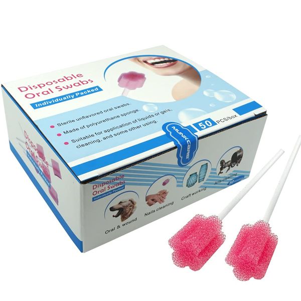 MUNKCARE Disposable Oral Foam Swab with Mint Flavored, Individually Wrapped, Red, Box of 50 Counts