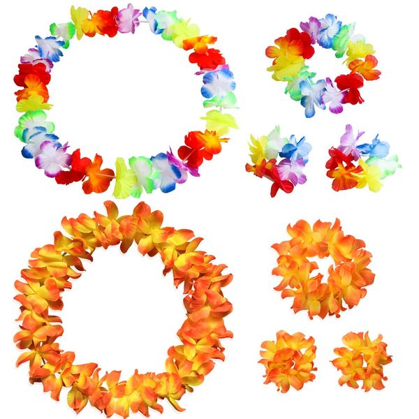 Hawaiian Leis Luau Tropical Headband Flower Crown Wreath Headpiece Wristbands Women Thicker Necklace Bracelets Hair Band For Summer Beach Vacation Pool Party Decorations Favors Supplies Set Yellow