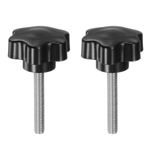 uxcell 2pcs M8x50mm 304 Stainless Steel Threaded Stud 46mm Plastic 6 Star Head Hand Tightening Thumb Screw Clamp Jig Knob Handle Black