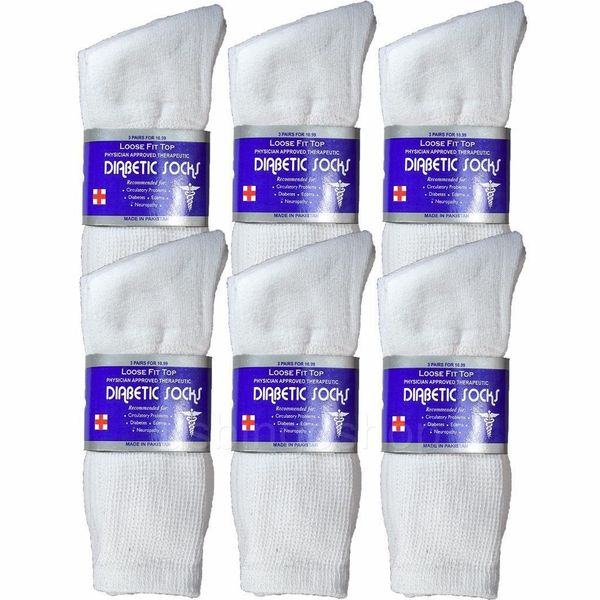 6 Pairs White Men Loose Fit Top Circulatory Diabetic Crew Socks Cotton 10-13