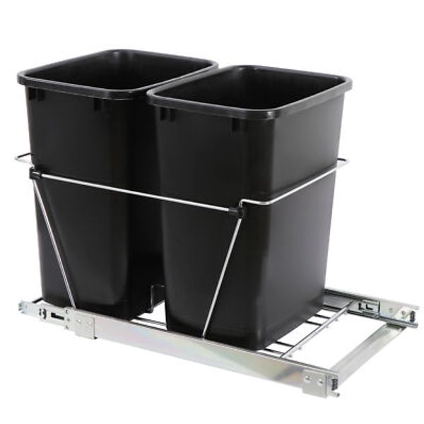 35-Qt Pull Out Trash Garbage Can Waste Container Bin Shelf Double Cabinet