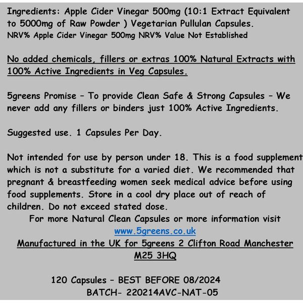 Apple Cider Vinegar Capsules 120 Vegan Capsules 5000mg High Strength, 35% Acetic Acid Raw & Unfiltered Effective ACV Supplement | No Chemicals 100% Natural Made in The UK by 5greens