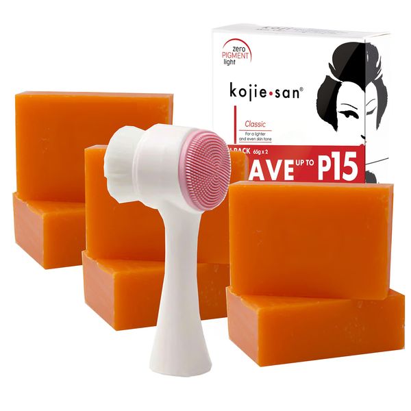 Kojie San Skin Brightening Brush Set - Original Kojic Acid Soap that Reduces Dark Spots, Hyperpigmentation, & Other Types of Skin Damage – 65g x 6 Bars and Relumins Deep Pore Facial Cleansing Brush