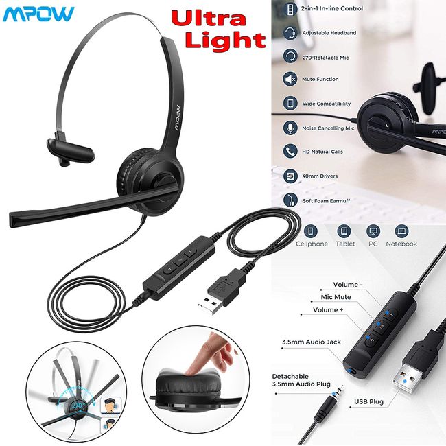 Mpow Computer Headset 3.5mm/USB Noise Cancelling Over Head Headphones Microphone