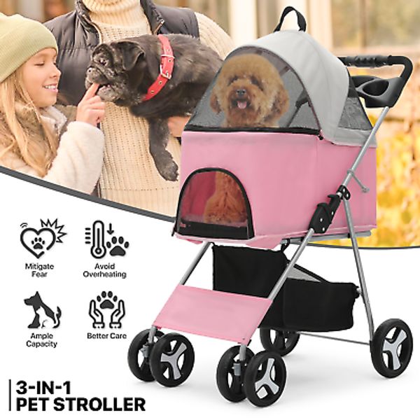 Detachable Basket Dog Stroller Adjustable Canopy Folding Pet Travel Carrier Cart