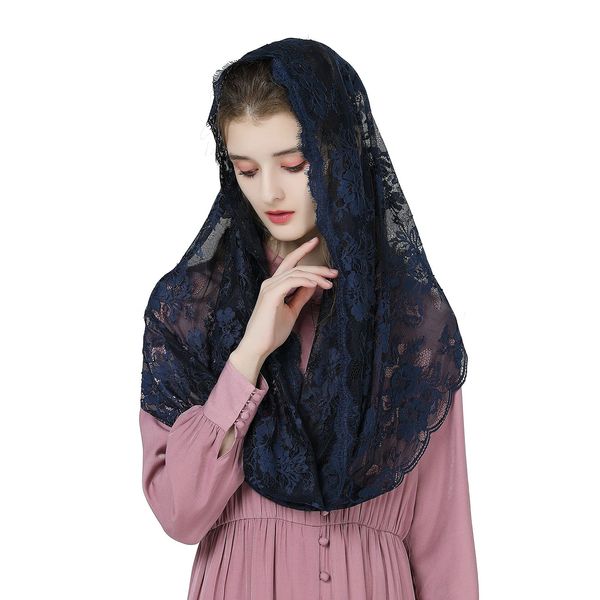 BEAUTELICATE Infinity Mantilla Veil Catholic Church Latin Mass Holy Communion Religious Ceremony Head Cover Formal Lace Scarf (Infinity Shape - Navy Blue)