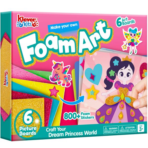 Klever Kits Foam Art Kit for Kids, EVA Foam Stickers with 6 Art Board and 800+ Stickers, DIY Arts and Crafts for Boys Girls Age 3+, Unicorns & Princesses Birthday Gifts Travel Toy