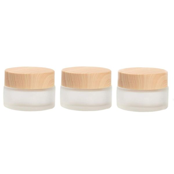 3PCS Empty Refillable Frosted Glass Cream Jars Tins with Wood Grain Lid and Liner Portable Travel Cosmetic Container Bottles Holder Pots Vials for Cream Gel Ointments Skin Care (30g/30ml/1oz)