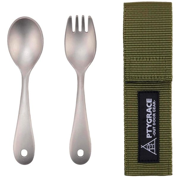 Katsurika Shoji PTYGRACE Outdoor Titanium Spoon and Fork Set with Storage Case, Made in Japan