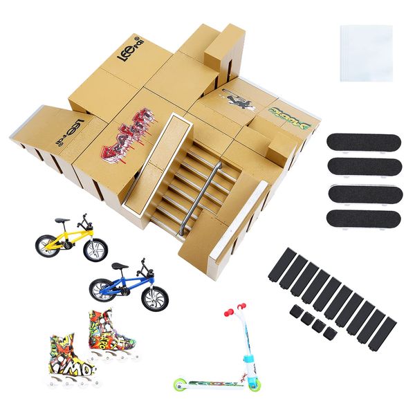 IOUGDSEC Skate Park Kit, Skate Park Kit Ramp Parts for Finger Skateboard Park Kit Part Training Props with 4 Finger Decks 2 Finger Bike 1 Pair Skates and 1 Scooters