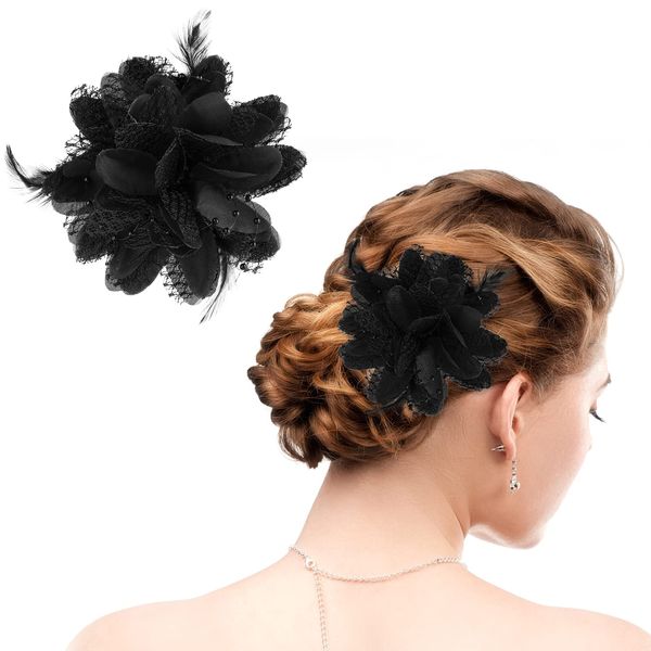 WLLHYF Black Ladies Feather Flower Hair Clip Elegant Hat Flower Mesh Ribbons Brooch Pin Hair Accessory Fascinator Headwear Floral Corsage for Women and Girls Birthday Wedding Party (Black)