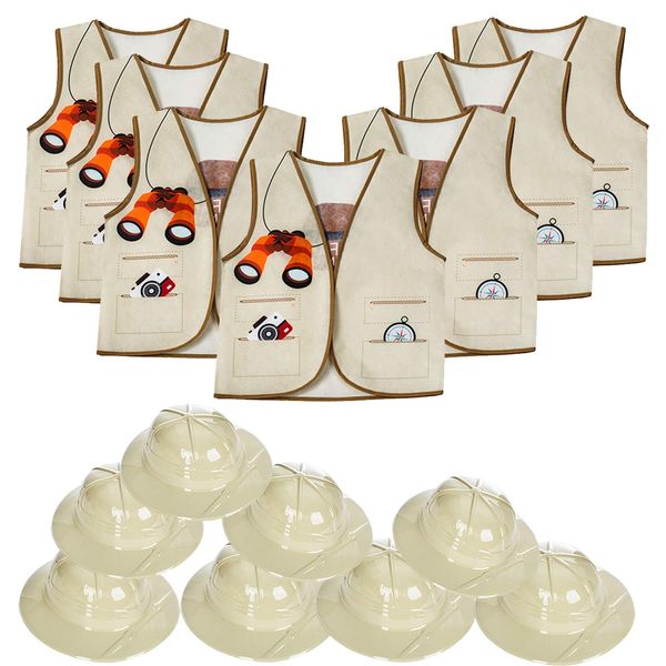 Tigerdoe Pith Helmets - 8 Safari Vest & 8 Hats for Kids - Jungle Party Supplies - Safari Party Favors - Kids Dress Up